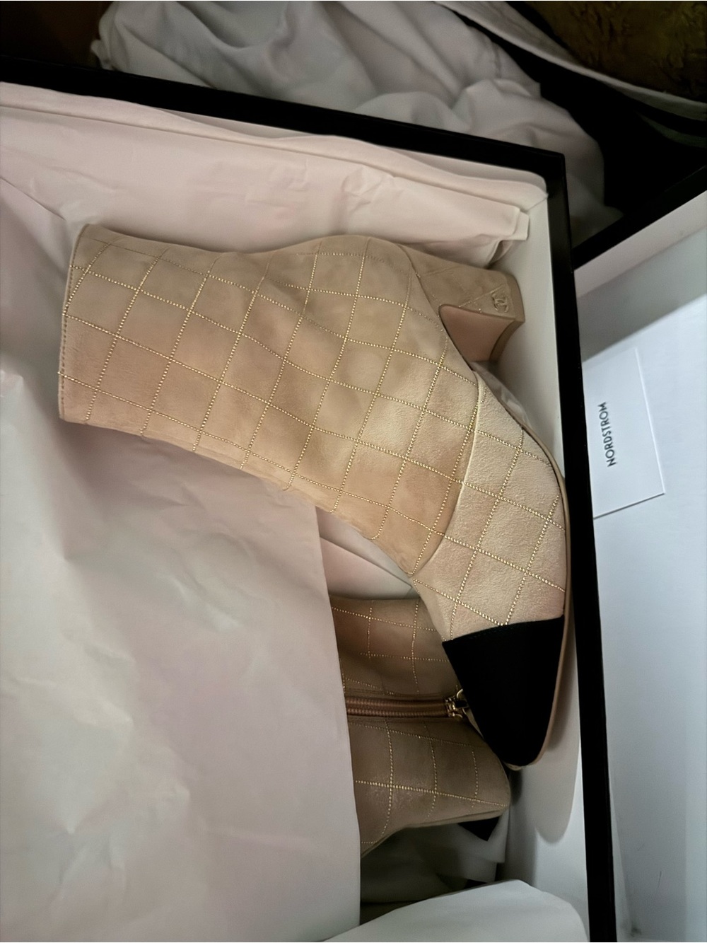 Designer Quilted Ankle Boots in Beige with Black Cap Toe Chanel Boots